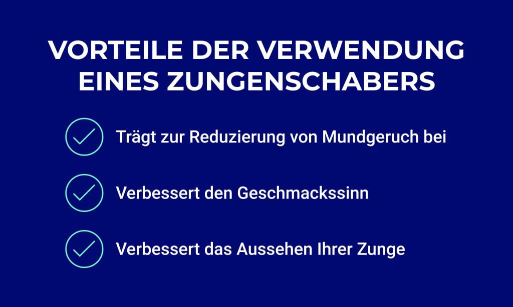 Hauptvorteile der Verwendung eines Zungenschabers: Trägt zur Reduzierung von Mundgeruch bei, verbessert den Geschmackssinn und verbessert das Aussehen Ihrer Zunge