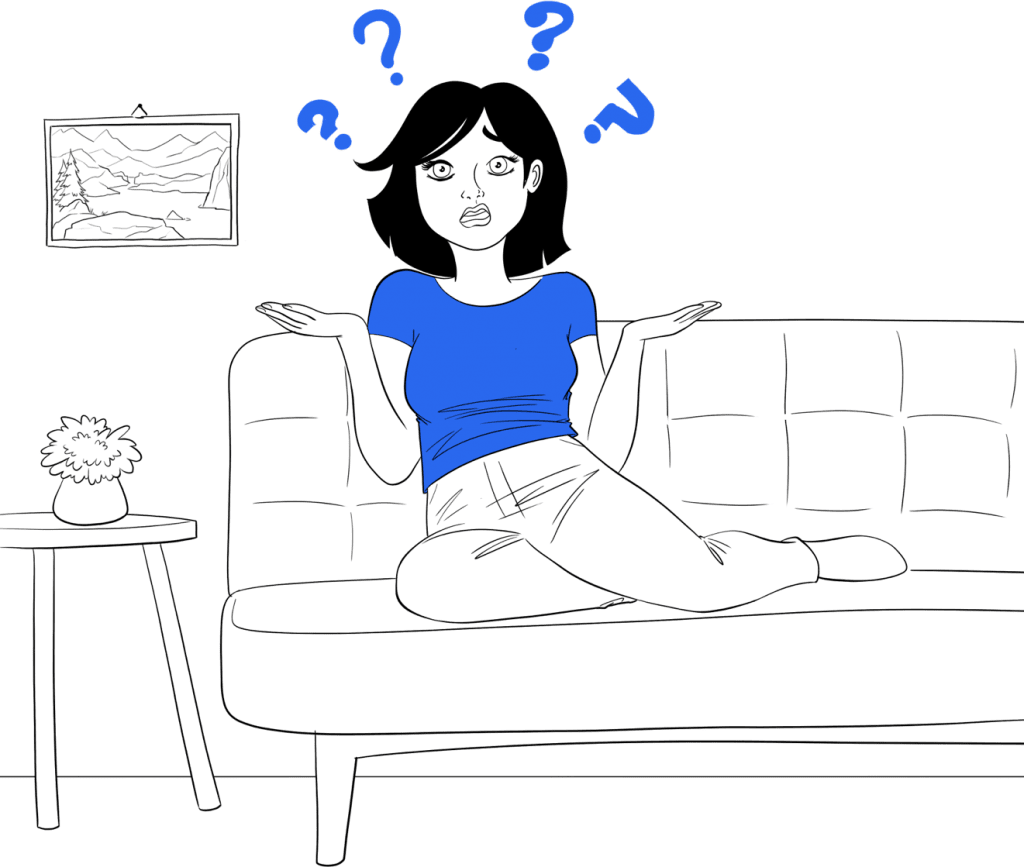 Quali sono i segni dei calcoli tonsillari? Illustrazione di una donna su un divano circondata da punti interrogativi.