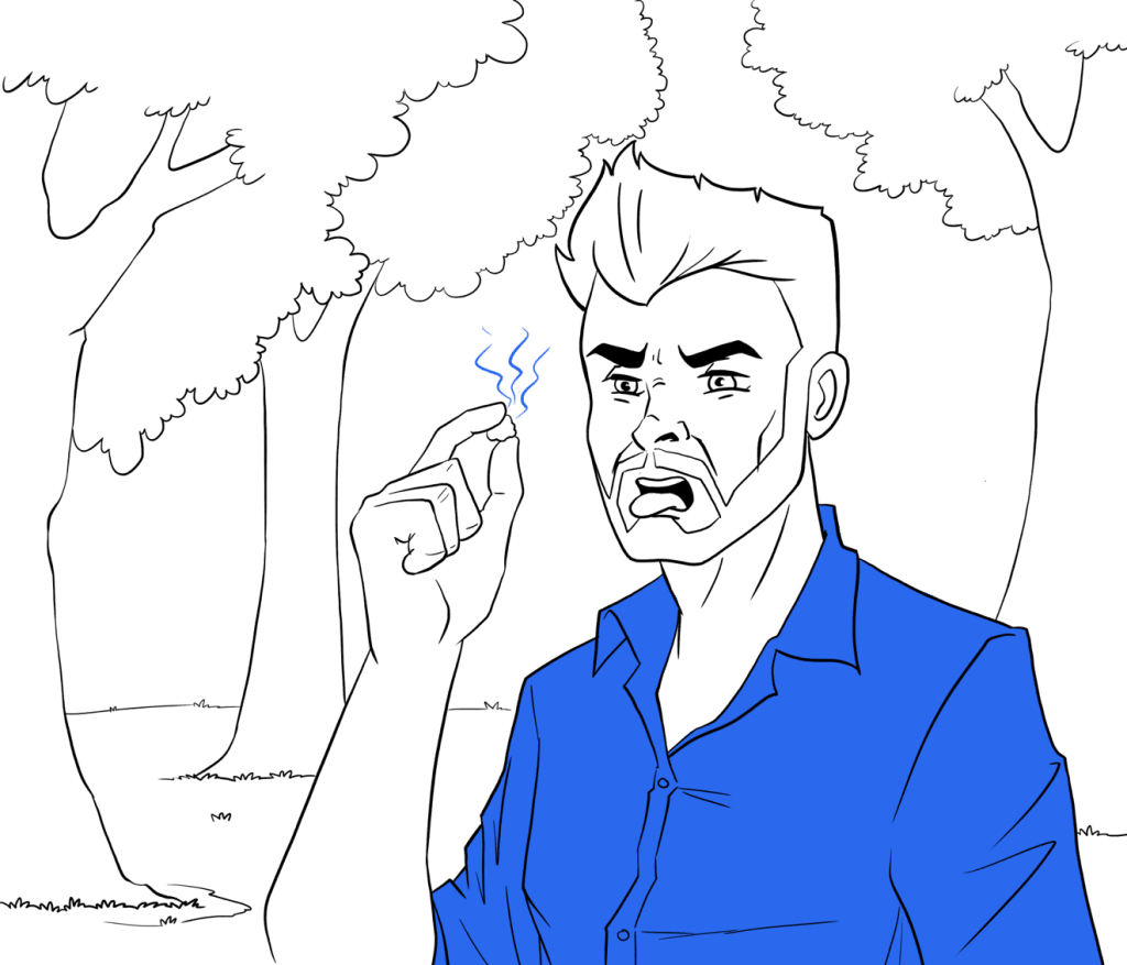 I calcoli tonsillari puzzano. Illustrazione di un uomo che tiene in mano un calcolo tonsillare maleodorante.