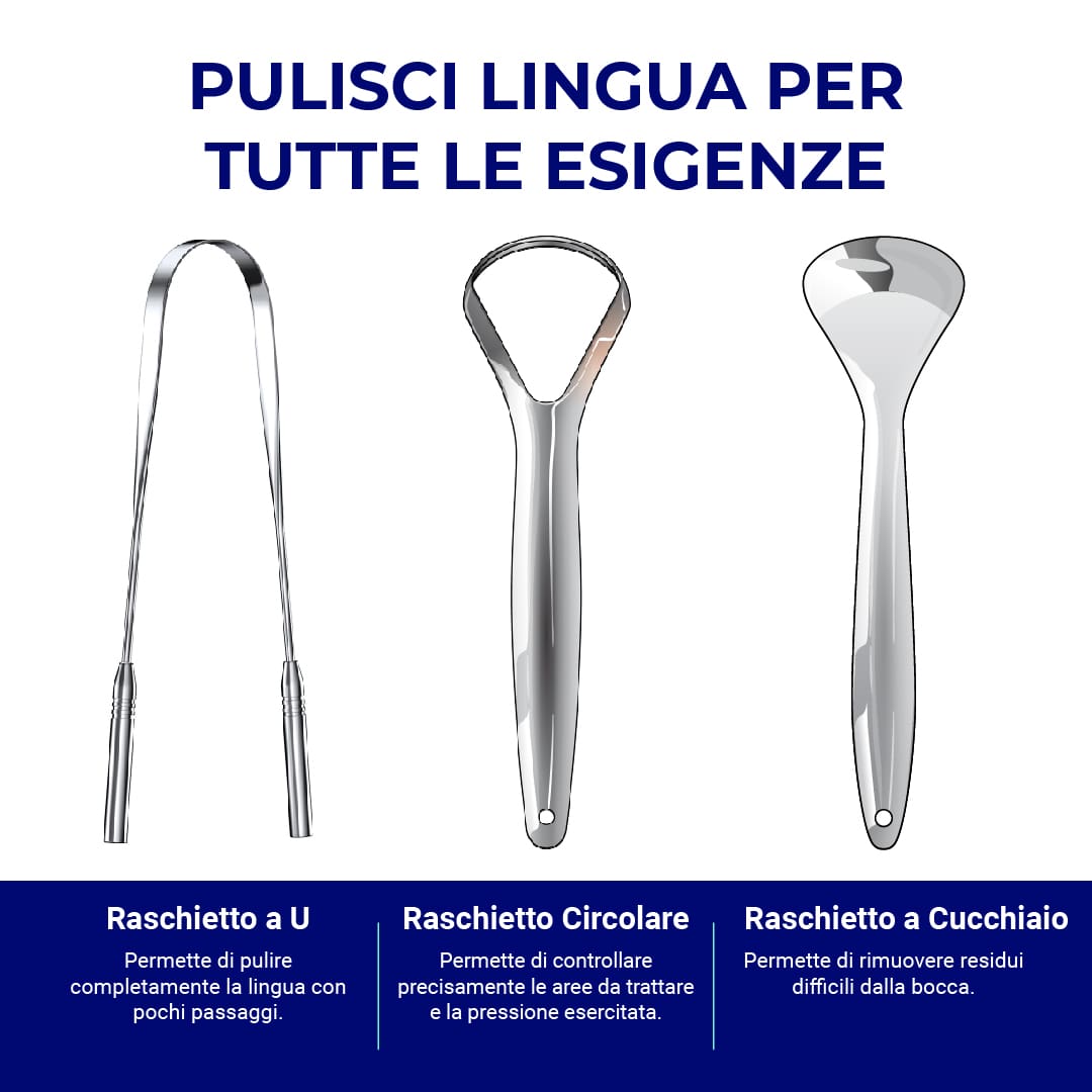 Raschietti per lingua di varie forme: a forma di U, ovale e a cucchiaio