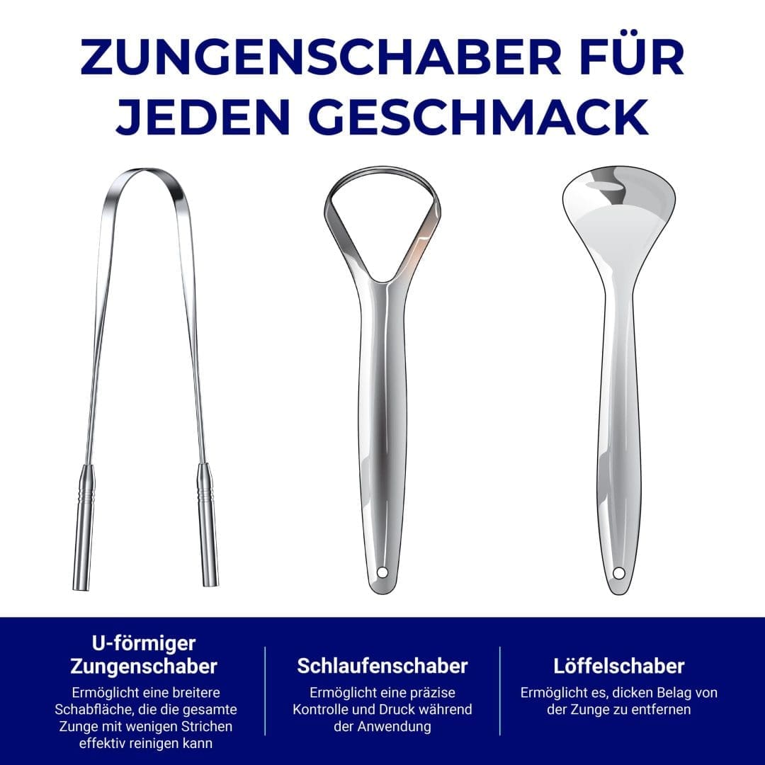 Verschiedene Formen von Zungenschabern: U-förmig, oval und löffelförmig